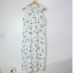 Vintage Varsity Sport Blue Floral Cotton Sleeveless Maxi Dress L Made in USA 90s